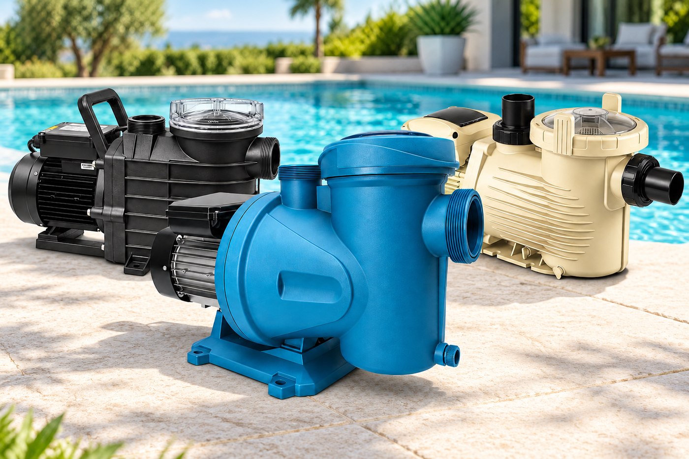 Motobombas para piscina junto a la piscina